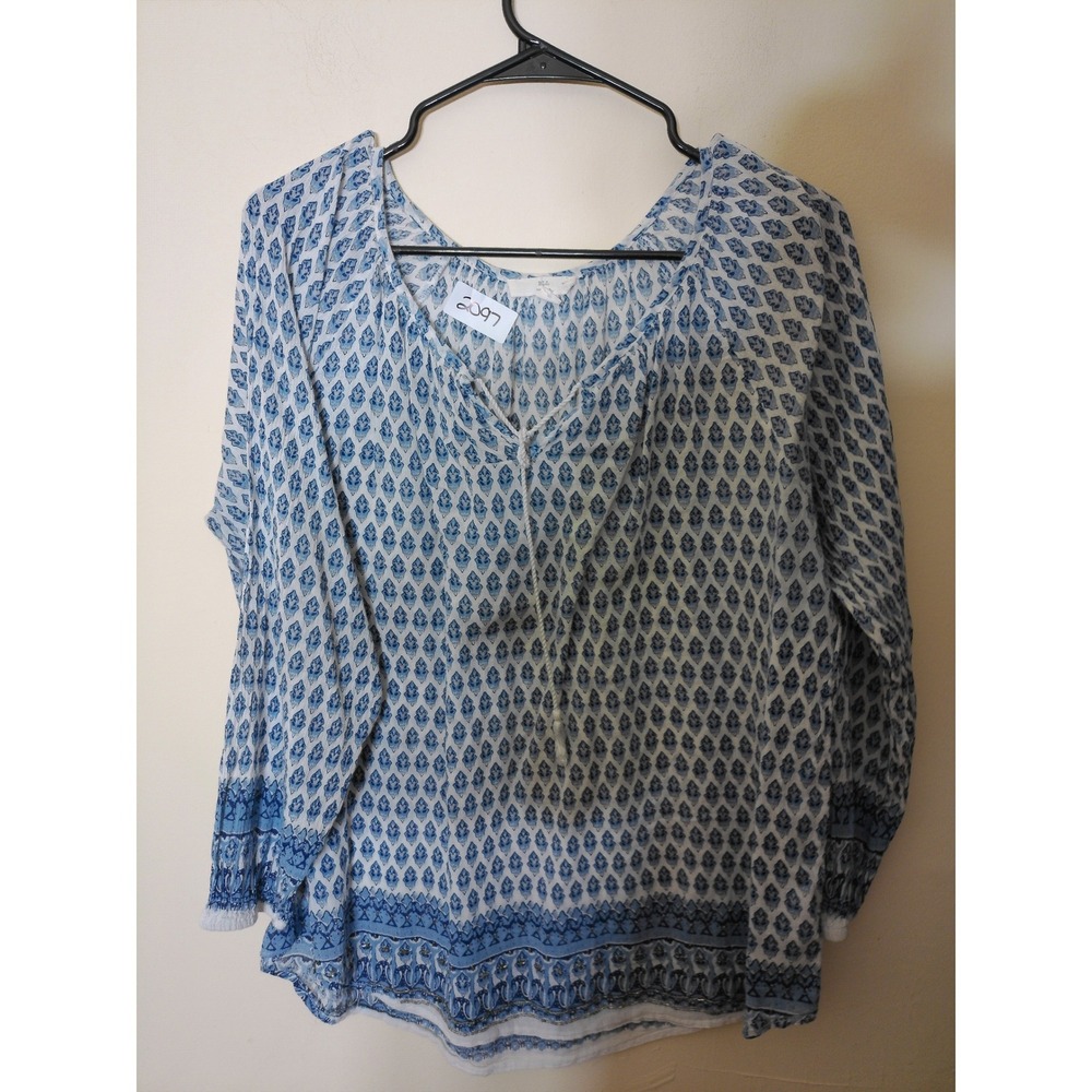 ELL New York Peasant Blouse Women 1X Blue White Block Print Tassel Coastal Boho